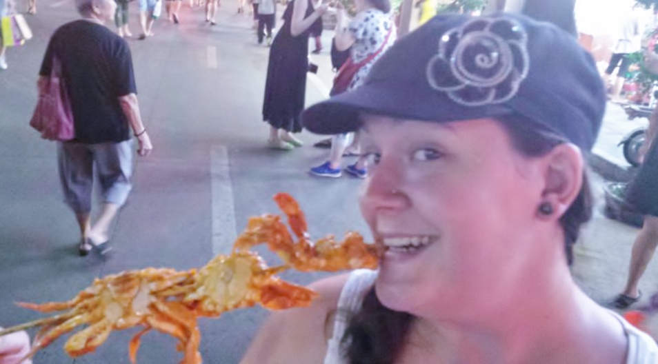 We took a quick picture as we were getting away from the crowds, because I wanted to be able to show you the crab!  I could have eaten 3 skewers myself! haha!