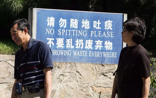 These signs are necessary.  People spit everywhere, and although it's becoming less common in the more tourism-minded places, in Guiyang, 'horking' is alive and well.  Littering is also a problem, as proper trash cans were only set up around the city a few years ago.  Many people aren't used to having to throw their waste in bins and find it inconvenient to have to do so.  The result...a lot of garbage on the streets