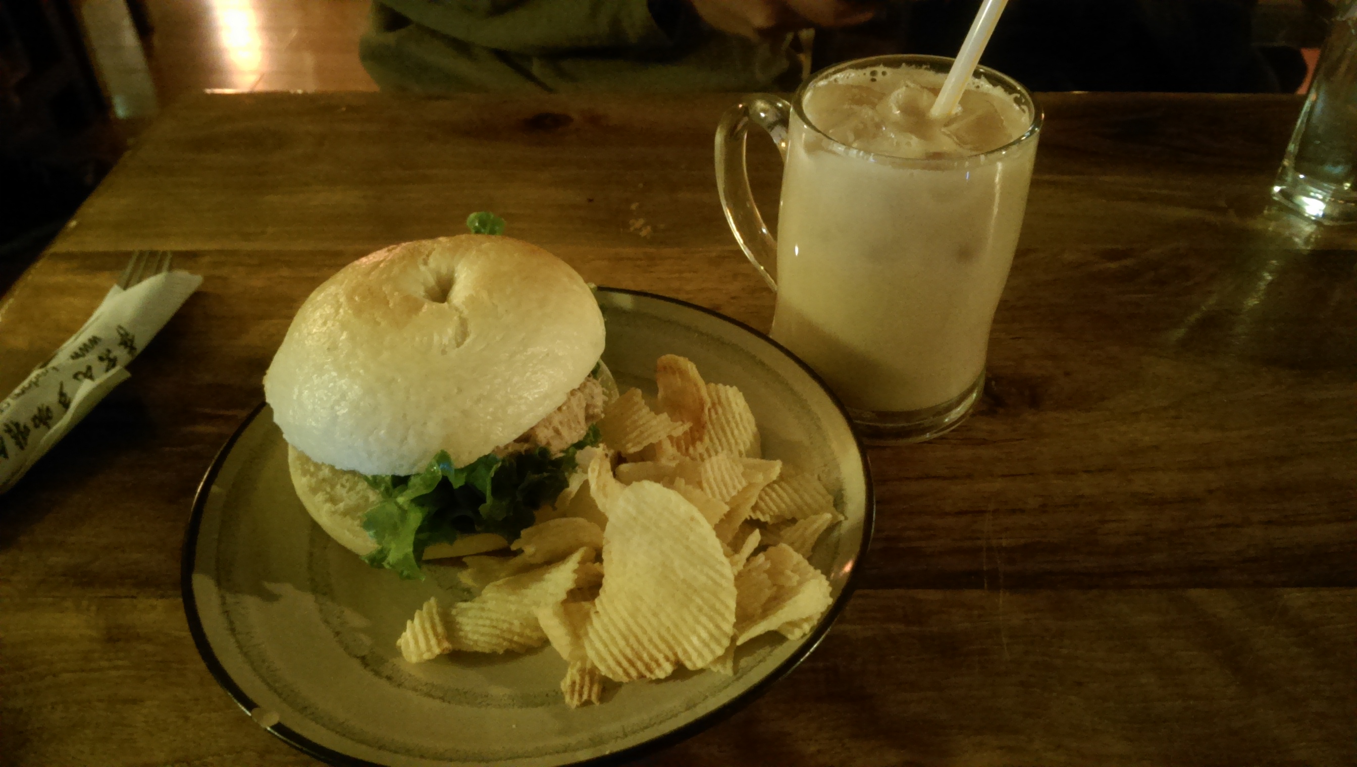 I enjoyed this fantastic tuna sandwich and potato chips, along with a Chai Latte :)