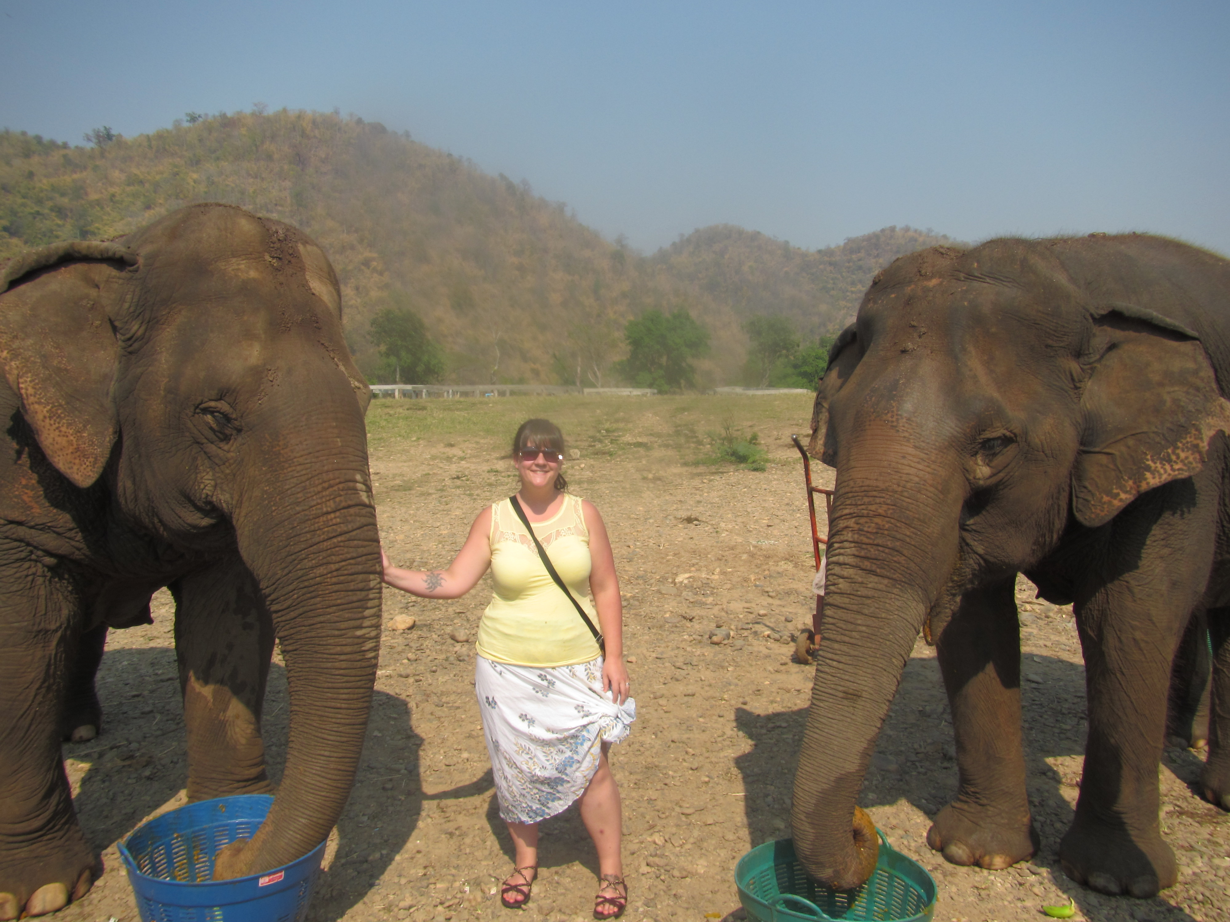 Me and one of my favorite elephants (the one to my right).  The elephant to my left helps take care of Jokia...she's blind.